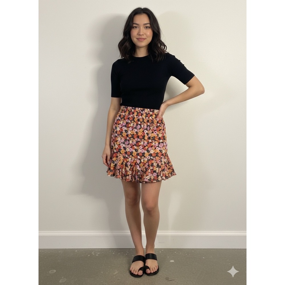 LOFT Floral Mini Skirt Orange Pink Yellow‎ Smocked Waist Ruffle Hem Small